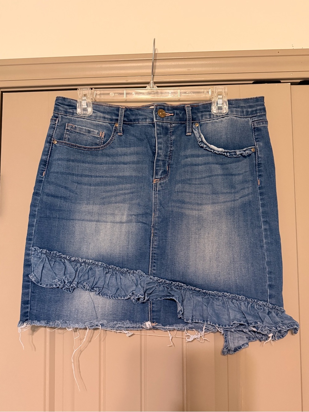 Vintage America Blue Denim Mini Skirt with Ruffle Trim